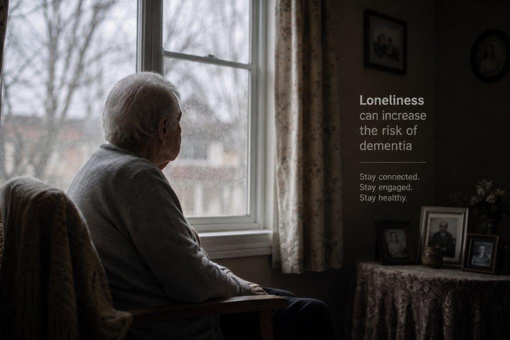 Elderly person sitting by window representing loneliness cause dementia