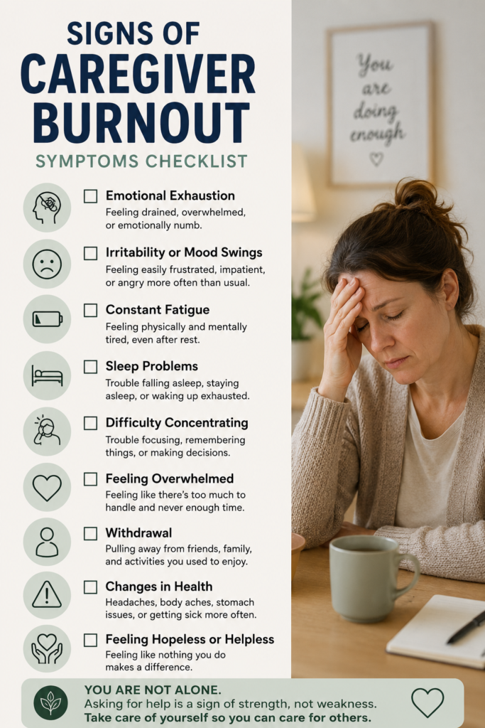 "signs of caregiver burnout symptoms checklist"