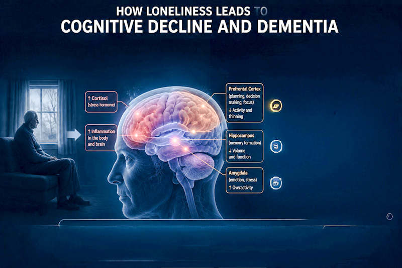 Human brain illustration showing how loneliness causes cognitive decline and dementia